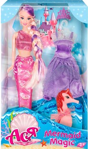 Кукла русалка Ася с 2 нарядами (лиловый вариант) и питомцем