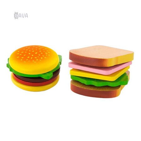 Іграшковий посуд та їжа: Іграшкові дерев'яні продукти «Гамбургер і сендвіч», Viga Toys