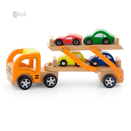 Городская и сельская техника: Деревянный игрушечный Автотрейлер и 4 машинки, Viga Toys