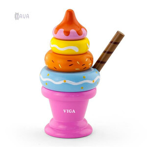 Кубики, сортеры и пирамидки: Игрушечные продукты «Деревянная пирамидка-мороженое», розовая, Viga Toys