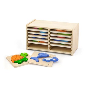 Рамки з вкладишами: Набір дерев'яних міні-пазлів Viga Toys зі стійкою для зберігання, 12 шт.