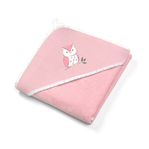 Аксесуари для купання: Рушник рожевий з капюшоном-куточком «Сова» 100х100 см, BabyOno