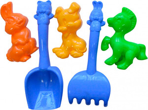 Набори для піску і води: Песочный набор, 3 пасочки, грабли, лопатка (синие), Numo toys