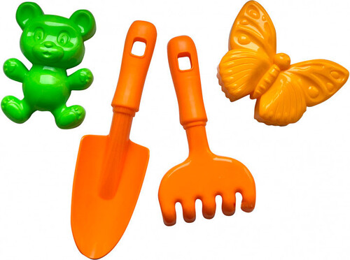 Набори для піску і води: Песочный набор, 2 пасочки, грабли, лопатка (оранжевые), Numo toys