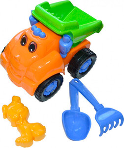 Развивающие игрушки: Песочный набор, Грузовик (оранжевый) с лопаткой, граблями, пасочкой, Numo toys