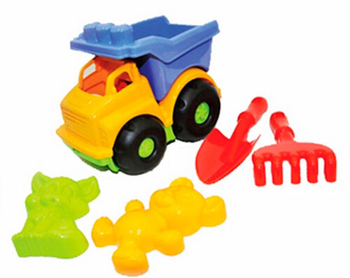 Набори для піску і води: Пісочний набір, Будівельник (жовтий) з лопаткою, граблями, 2 пасочками, Numo toys
