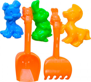 Ігри та іграшки: Песочный набор, 3 пасочки, грабли, лопатка (красные), Numo toys