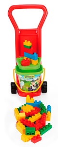 Ігри та іграшки: Дитяча візок червона з конструктором і відерцем