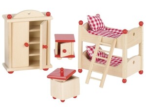 Ігри та іграшки: Набір для ляльок Меблі для дитячої кімнати (червона постіль) Goki