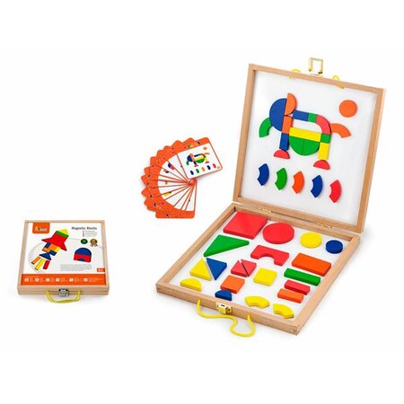 Дерев'яні конструктори: Набір магнітних блоків Viga Toys Форми і кольори з картками