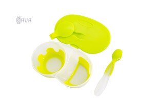 Детская посуда и приборы: Тарелка двухсекционная с крышкой и ложкой, Baby team (зеленая)