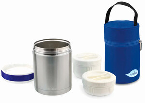 Дитячий посуд і прибори: Термос (1 л) для дитячого харчування і 2 контейнера в комплекті з термосумкою, Nuvita