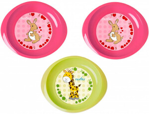 Детская посуда и приборы: Набор тарелочек (3 шт), мелкие, розовые и салатовая, Nuvita