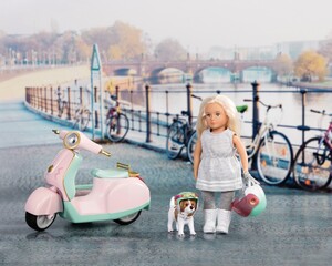 Коляски і транспорт для ляльок: Скутер з коляскою та собачкою (світло), транспорт для ляльок, Lori