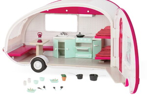 Коляски і транспорт для ляльок: Кемпер на колесах рожевий (світло), транспорт для ляльок, Lori