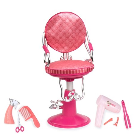Одяг і аксесуари: Набір аксесуарів для ляльок Рожеве крісло для салону краси (8 предметів), Our Generation