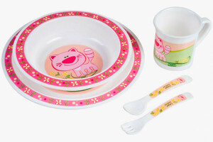 Игрушечная посуда и еда: Набор посуды Cute Animals пластиковый с розовым котиком, Canpol babies