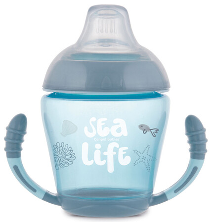 Чашки: Кружка-непроливайка с мягким силиконовым носиком Sea Life, серая, Canpol babies