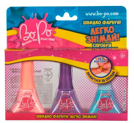 Детская декоративная косметика: Набор из 3-х лаков для ногтей (розовый, фиолетовый, голубой), Косметика для детей, BoPo