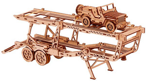 Дерев'яні: Причіп автовоз з позашляховиком, механічний 3D-пазл на 229 елементів, Wood Trick