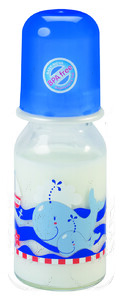 Поильники, бутылочки, чашки: Бутылочка стеклянная Декор, 125 мл., синий, Baby-Nova