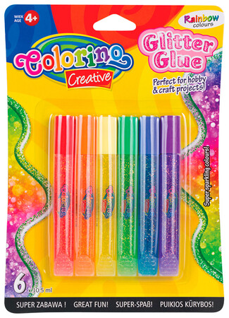 Ножницы и клей: Клей Rainbow с блестками металлик, 10,5 мл, 6 цветов, Colorino
