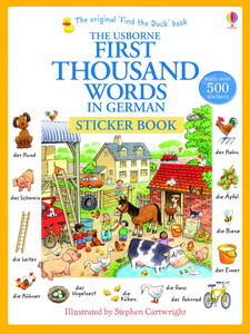 Обучение чтению, азбуке: First Thousand Words in German Sticker Book [Usborne]