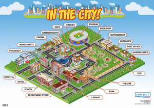 Книги для детей: Англійський плакат "In The City!" з картками