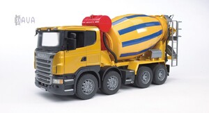 Будівельна техніка: Бетономішалка Scania колір жовтий, синій, Bruder
