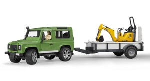 Міська та сільгосптехніка: Набір ігровий: автомобіль Land Rover Defender з причепом, міні-екскаватор CAT та фігурка, Bruder