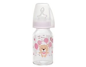Бутылочки: Стеклянная бутылочка анатомическая «Мишка», антиколиковая, силикон, розовая, 0-6 мес., S, 125 мл, Nip