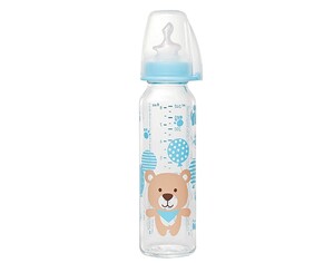 Бутылочки: Стеклянная бутылочка анатомическая «Мишка», антиколиковая, силикон, голубая, 0-6 мес., M, 250 мл, Nip