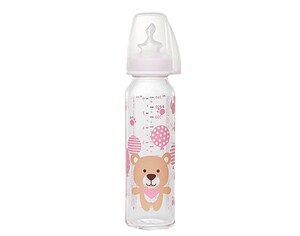 Бутылочки: Стеклянная бутылочка «Мишка» анатомическая, антиколиковая, силикон, розовая, 0-6 мес., M, 250 мл, Nip
