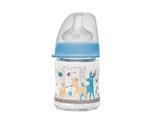 Пляшечки: Скляна пляшечка «Олені» з широкою горловиною, анатомічна, силіконова, блакитна, від 0 міс., 120 мл,