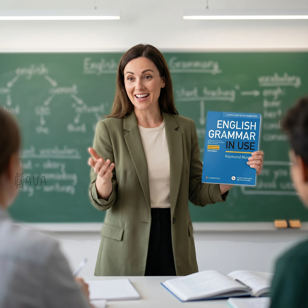 Викладачка в аудиторії демонструє відомий підручник з граматики English Grammar in Use від видавництва Cambridge.