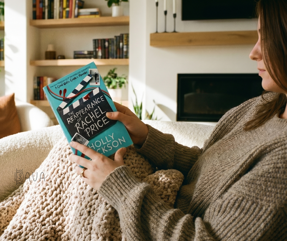 Дівчина відпочиває на дивані, тримаючи в руках художню книгу The Reappearance of Rachel Price від Голлі Джексон.