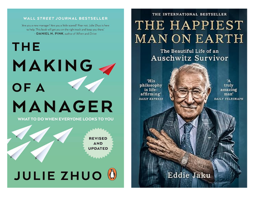 Обкладинки корисних англомовних видань The Making of a Manager Джулі Жуо та мемуарів The Happiest Man on Earth Едді Яку, представлених в асортименті Bava.