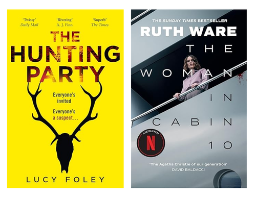 Яскраві обкладинки детективних романів The Hunting Party Люсі Фолі та The Woman in Cabin 10 Рут Уер, що рекомендуються для читання на середньому рівні.