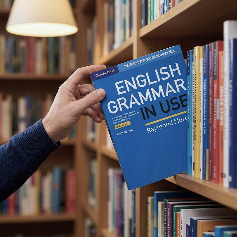 Чоловік дістає з книжкової полиці в бібліотеці синій підручник English Grammar in Use, який допомагає системно вивчати граматику для переходу на рівень B2.